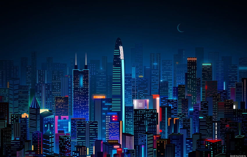China, Minimalismo, Noite, A cidade, Neon, Estilo, shenzhen papel de parede HD