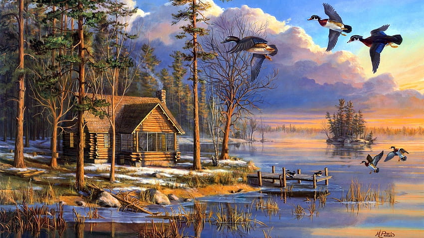 6035460 / 1920x1080 sunrise, mary pettis, Spring arrivals, flying, house, ducks, forest, painting, lake, spring, spring sunrise lake HD wallpaper