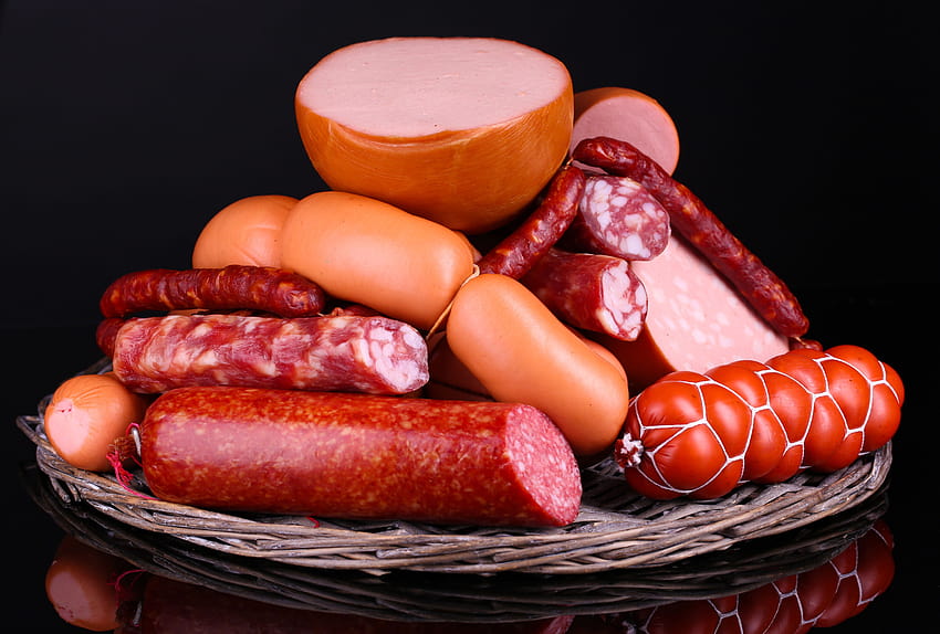 Meat products sausages and sausages on a black backgrounds HD wallpaper