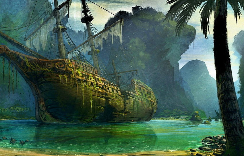 водорасли, палма, кораб, залив, изоставен, корабокрушение, мистериозен, мачта, скъсани платна, скалист бряг, раздел фантастика, изоставена лодка HD тапет