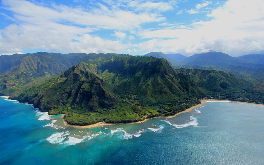 naturaleza, paisaje, isla, vista aérea, montaña, Kauai, playa, mar, vista aérea de islas de playa fondo de pantalla