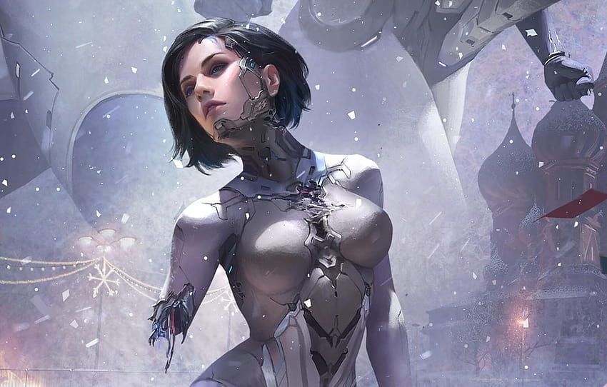 girl, fantasy, robot, science fiction, blue eyes, human cyborg girl HD wallpaper