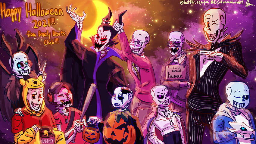 A late Halloween fanart that I was hoping to be able to finish by Halloween. ;w; Featuring Sans and Papyrus from various AUs. They're based on their appearance in a fangame called, halloween fanarts HD wallpaper