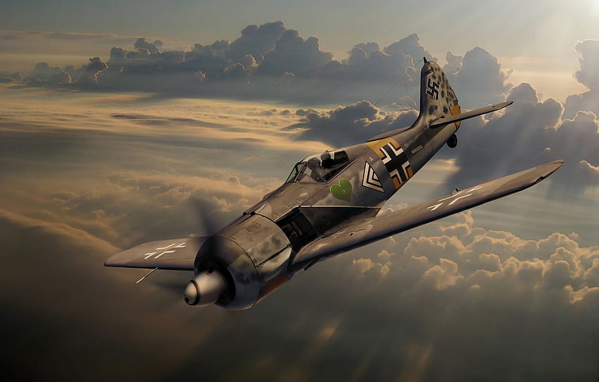 the sky, clouds, figure, fighter, art, German, Fw 190, Focke, focke wulf HD wallpaper