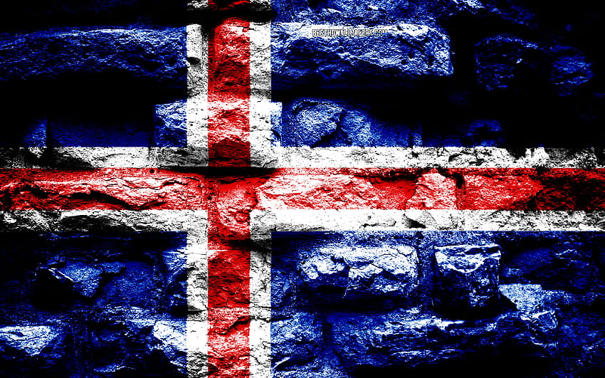 Flaga Islandii, tekstura cegły grunge, flaga Islandii, flaga na ceglanym murze, Islandia, Europa, flagi krajów europejskich o rozdzielczości 3840x2400. Wysoka jakość Tapeta HD