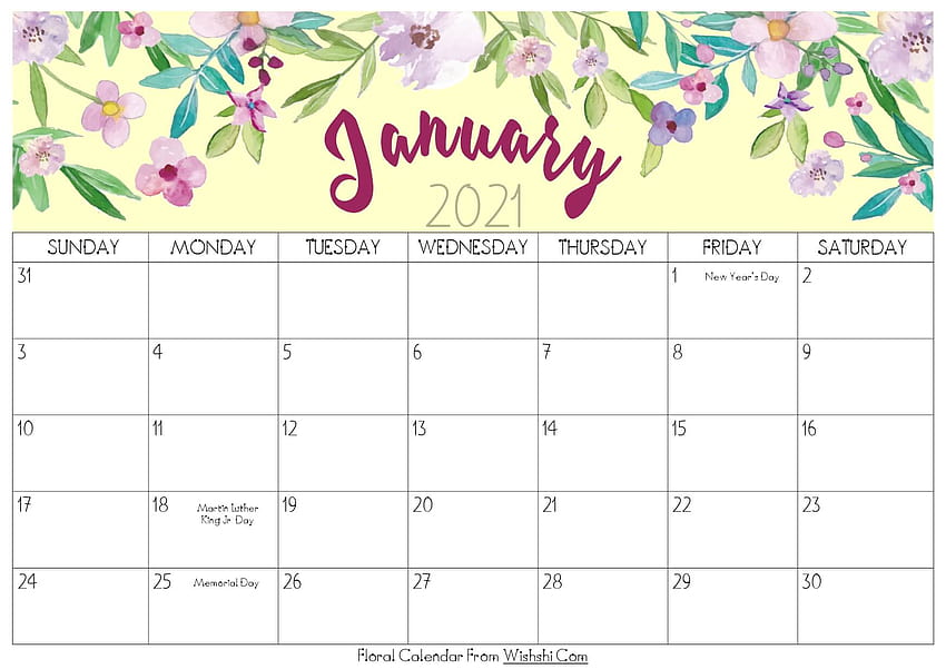 Floral January 2021 Calendar Printable, cute year 2021 calendar HD wallpaper