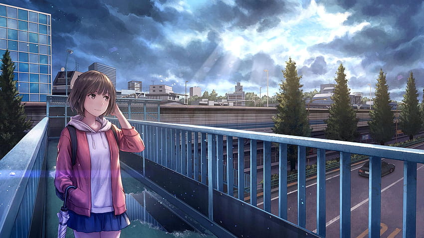 Köprünün tepesinde pembe ceketli ve mavi mini etekli kız, 3d anime kızı HD duvar kağıdı
