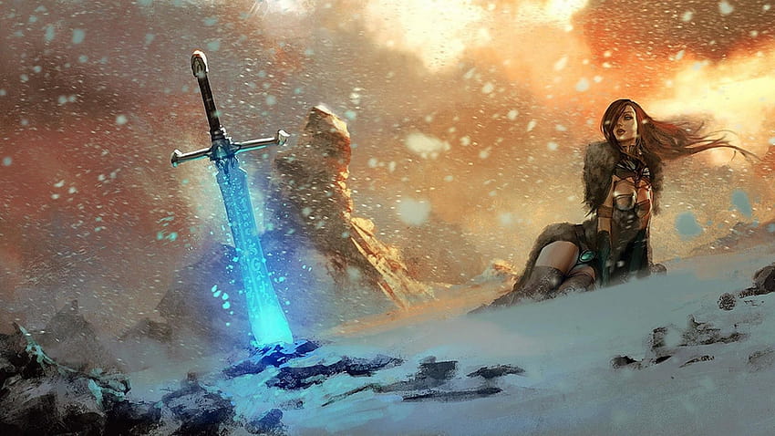 жени, планини, сняг, буря, фантазия, изкуство, магия, мечове, магически меч HD тапет