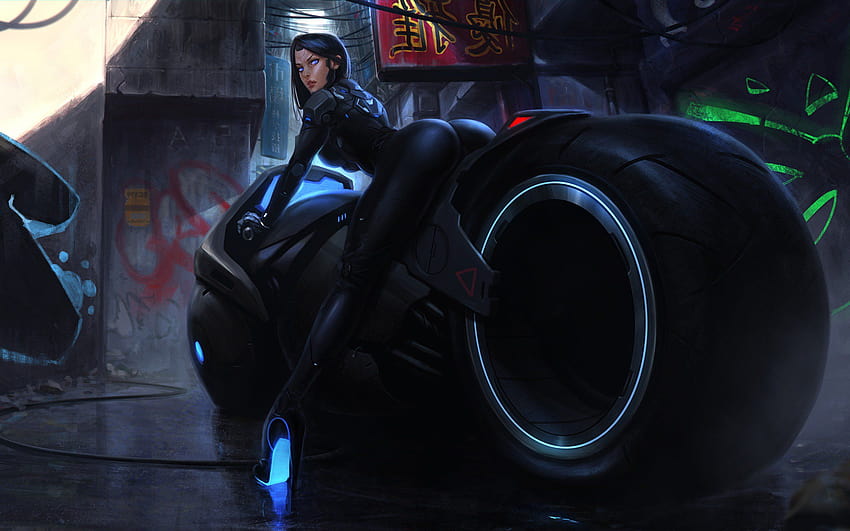 Mädchen auf dem Fahrrad, Cyberpunk-Motorrad-Biker-Mädchen-Sci-Fi HD-Hintergrundbild
