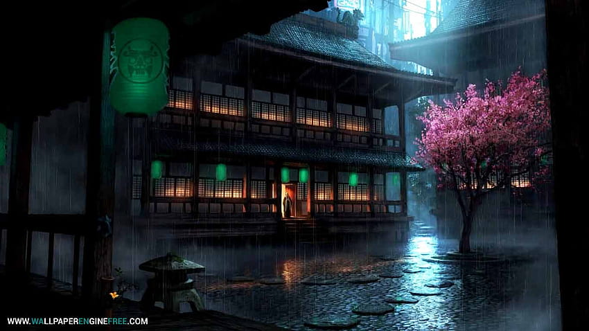 Anime Backyard Rain Engine HD wallpaper