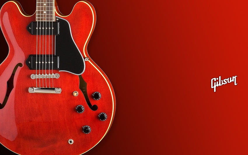 Rote und schwarze E-Gitarre mit Textüberlagerung, Gitarre, Gibson, Gitarrenrot HD-Hintergrundbild