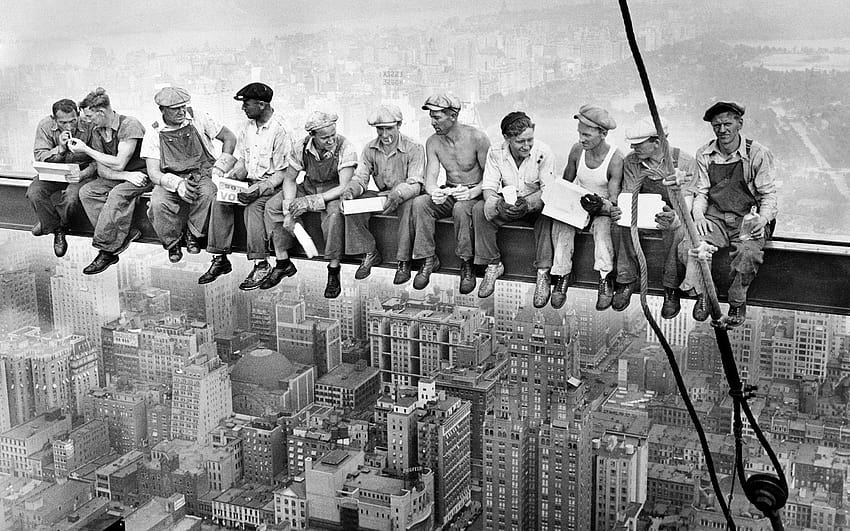 retro, skala abu-abu, gedung pencakar langit, pekerja, konstruksi :: Wallpaper HD