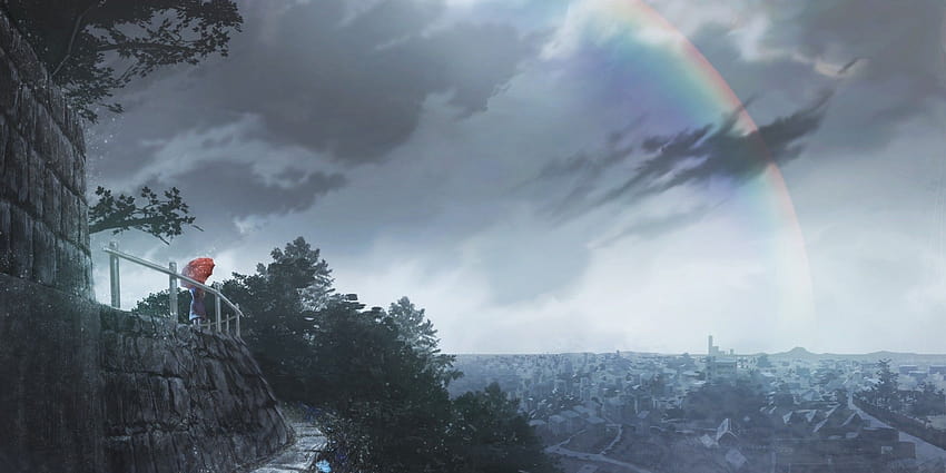 2299x1150 Anime Landscape, Rainbow, Raining, Cityscape, Dark Clouds, Sky, dark blue anime scenery HD wallpaper