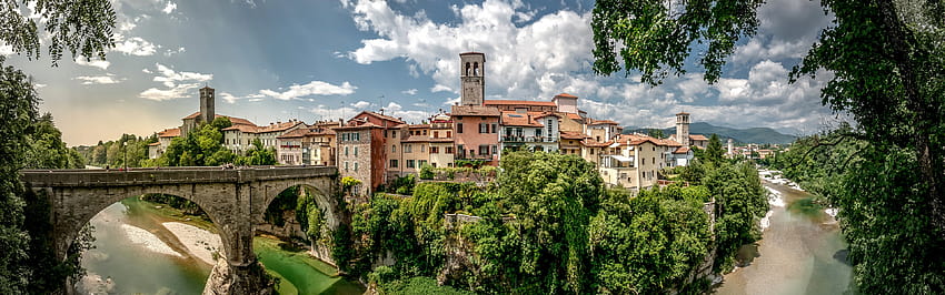 3840x1200 Italy, Cividale Del Friuli, Buildings, Sky, Panoramic, Bridge, River, 3840x1200 panoramic HD wallpaper