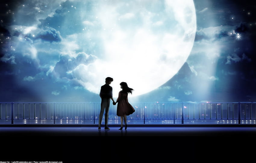 niña, noche, la ciudad, la luna, pareja, chico, maison ikkoku, takahashi rumiko, sección прочее fondo de pantalla