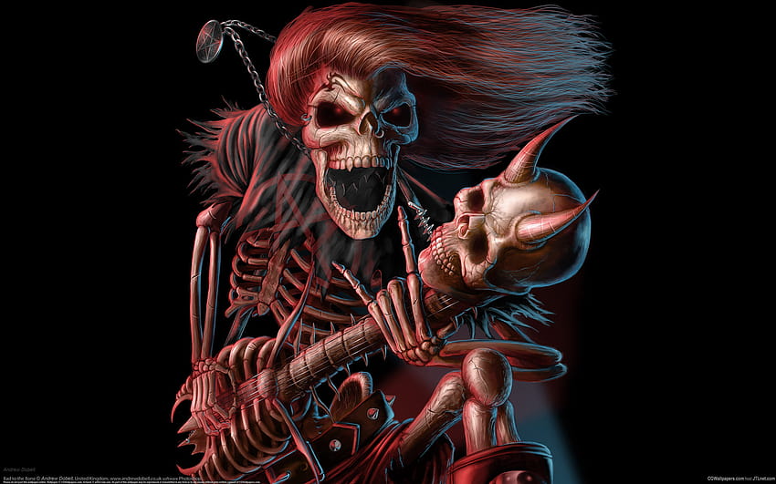 Dark music reaper skeleton skull guitars evil scary spooky halloween horns fantasy bones scream smile grimace, scary devil HD wallpaper