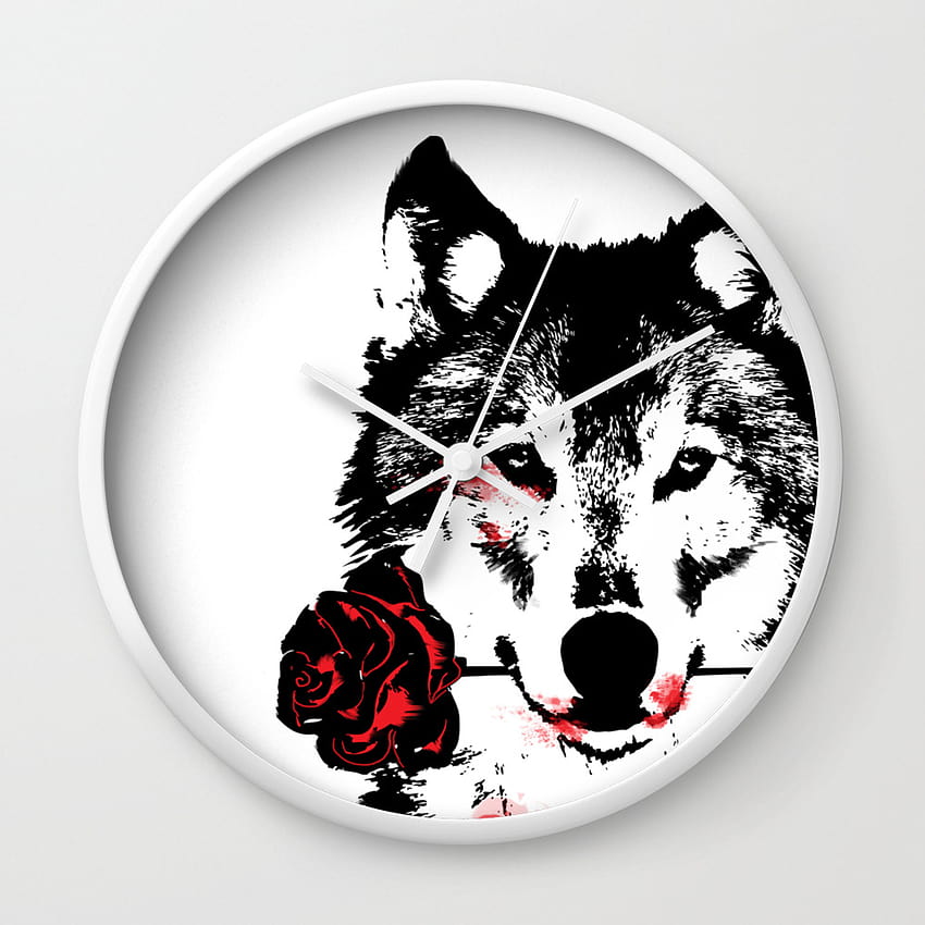 Wolf blood stained, holding a red rose. Wall Clock by Natalia Shelest, wolf holding a rose HD phone wallpaper