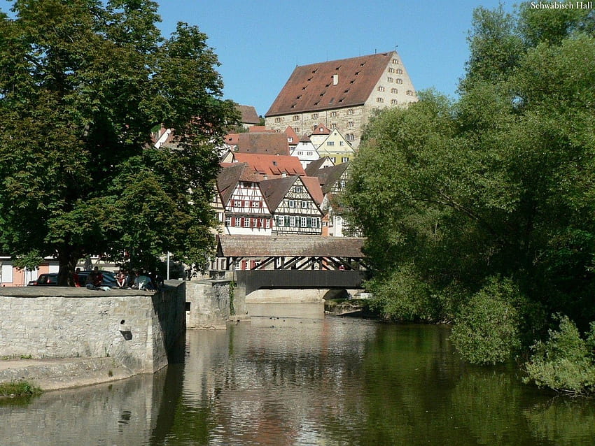 中世の旧市街 ヨーロッパの町 Druffix ドイツ シュヴェービッシュ ホール、クールな川 高画質の壁紙