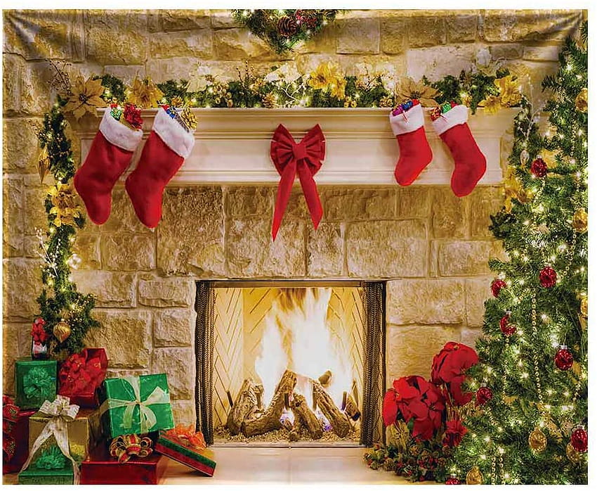 Funnytree 3,6 x 2,4 m langlebiger weihnachtlicher Kamin-Hintergrund, keine Falten, Stoff, Innenraum, Vintage-Weihnachtsbaum, Strümpfe, Hintergründe, Porträtkabine, Party-Banner, Dekoration, Studio-Requisiten: Heim und Küche, Weihnachts-Winterkamin HD-Hintergrundbild
