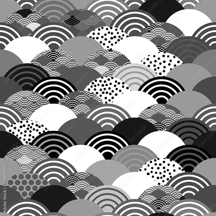 Nahtloses Muster Seigaiha skaliert einfache Hintergründe mit japanischem Wellenkreis Schwarz Grau Weiß. trendiger geometrischer Druck, trendiger moderner Hintergrund. Kann für Geschenkpapier, Stoffe usw. verwendet werden. Vektor-Aktien-Vektor HD-Handy-Hintergrundbild
