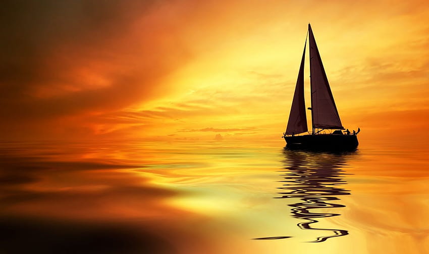 Sea ocean boat yacht sky clouds sunset orange landscapes nature, orange sea sunset HD wallpaper