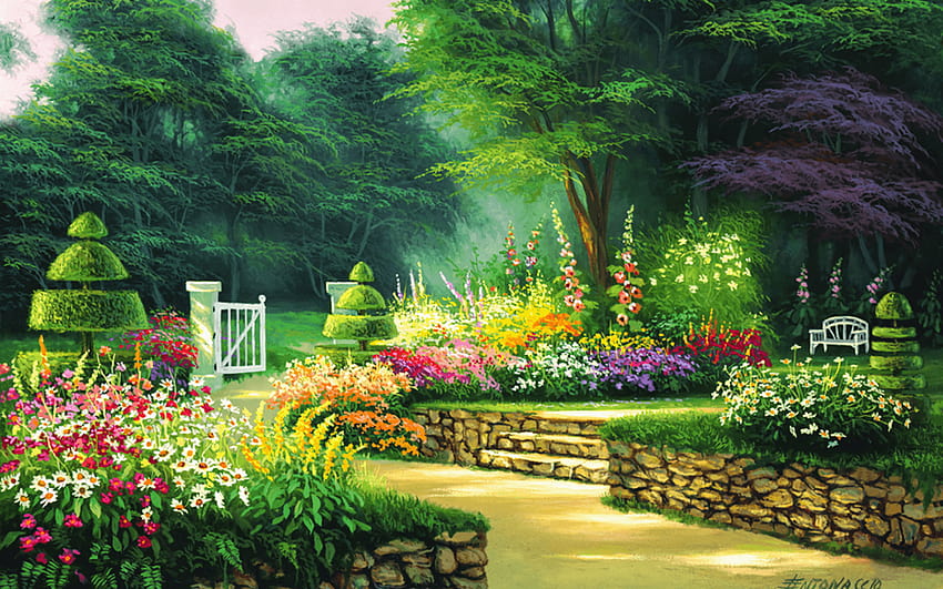 春の庭いっぱいと背景、庭の背景 高画質の壁紙