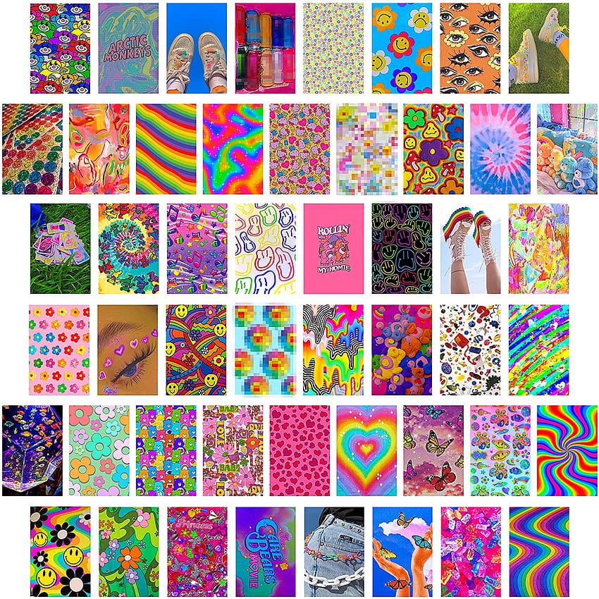 CY2SIDE 50PCS Indie Kidcore Hippie Aesthetic per Wall Collage, 50 Set 4x6 pollici, Bright Collage Kit, Colorful Room Decor per Girl, Wall Art Prints, Dorm Display, VSCO Posters for Sfondo del telefono HD