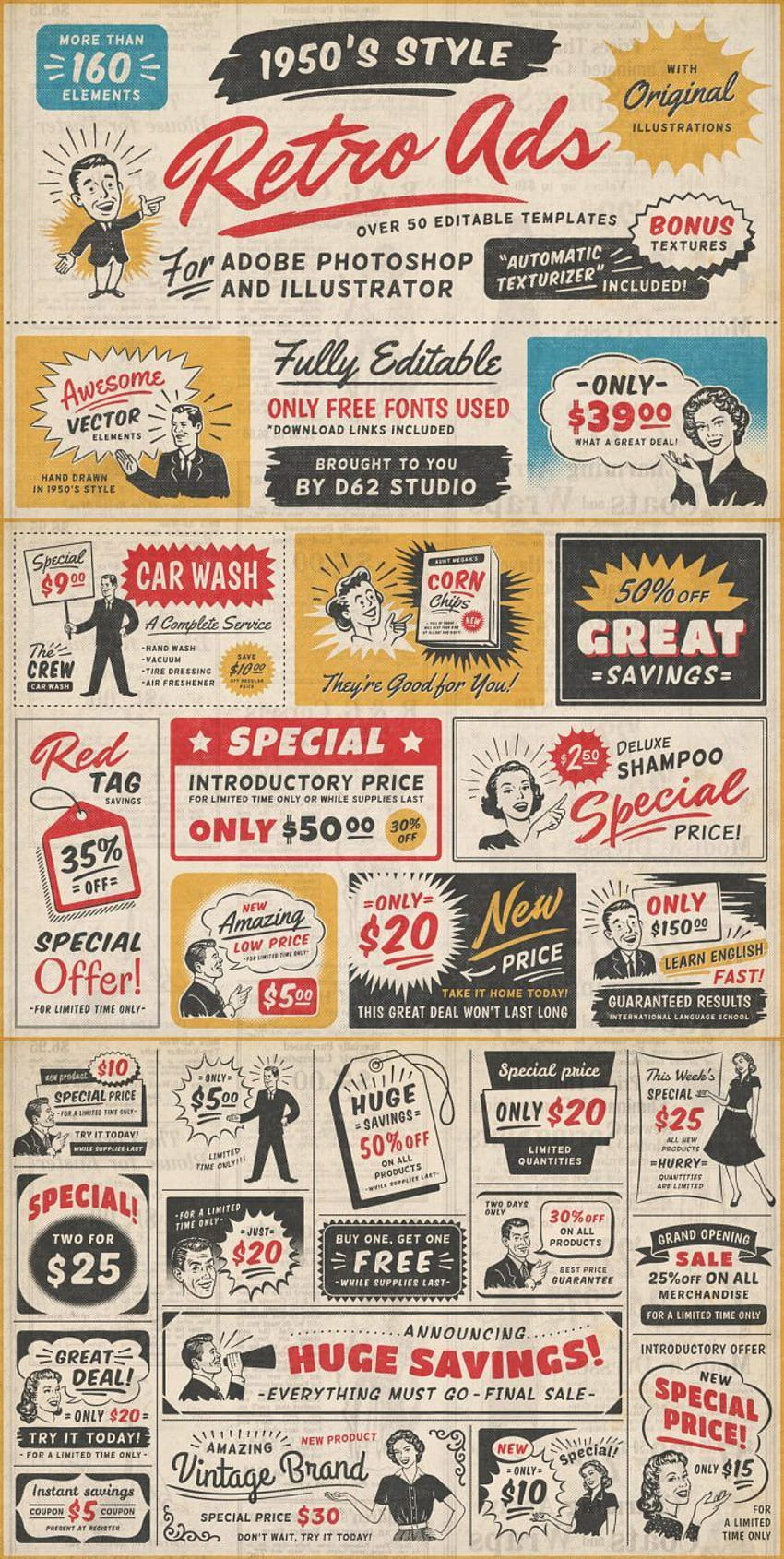 Szablony reklam w stylu retro z lat 50., stary plakat Tapeta na telefon HD