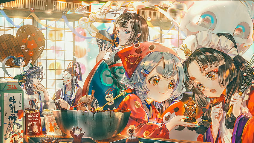 : anime girls, original characters, women, pointy ears, fantasy girl, fantasy art, cooking, chocolate, Valentine's Day, colorful, artwork, drawing, 2D, illustration, Say HANa 1536x864 HD wallpaper