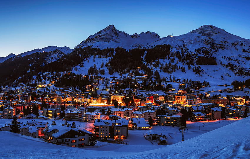 inverno, o céu, neve, árvores, montanhas, luzes, casa, noite, Suíça, cidade, Davos, seção пейзажи papel de parede HD