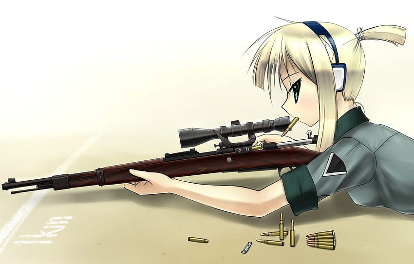 Menina, loira, Anime, sniper, cartuchos, rifle, sniper anime girl papel de parede HD