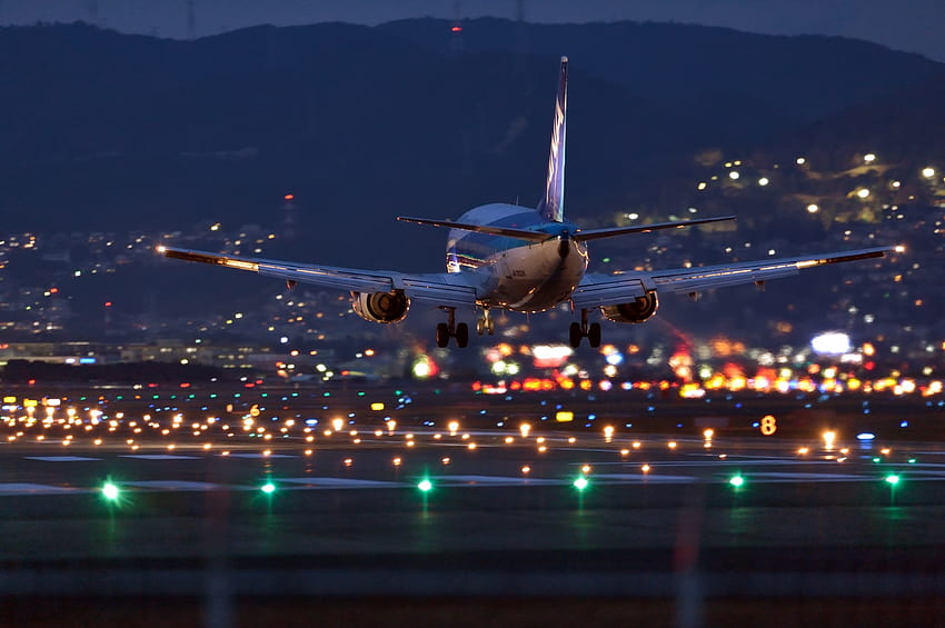 : night, vehicle, airplane, airport, city lights, landing, Flight, aviation, airline, atmosphere of earth, airliner, jet aircraft 1920x1277, airplane landing HD wallpaper