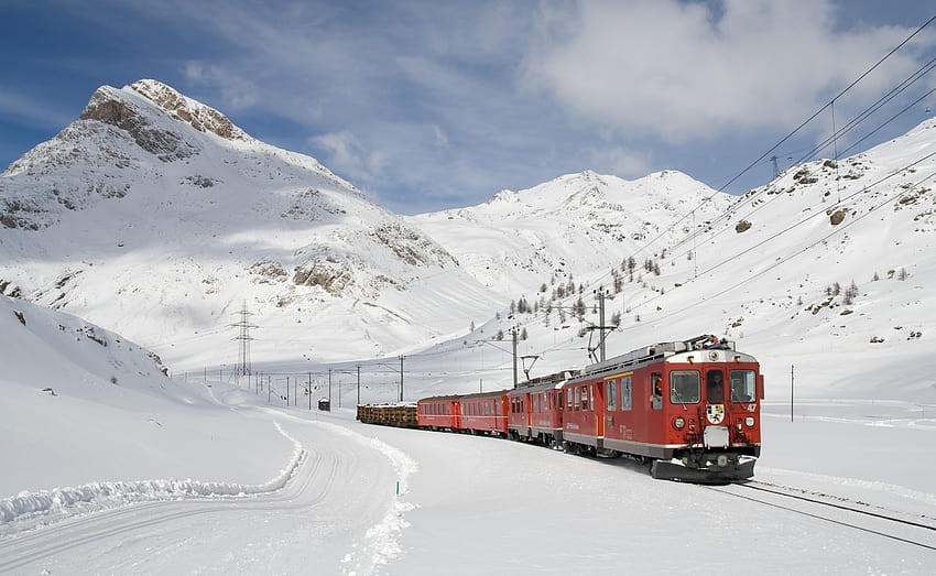 雪原を走る赤と黒の電車・雪の中の赤い電車 高画質の壁紙