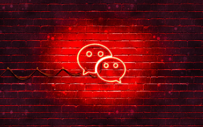 Logotipo rojo de WeChat, pared de ladrillo rojo, logotipo de WeChat, redes sociales, logotipo de neón de WeChat, WeChat con resolución 3840x2400. Alta calidad fondo de pantalla