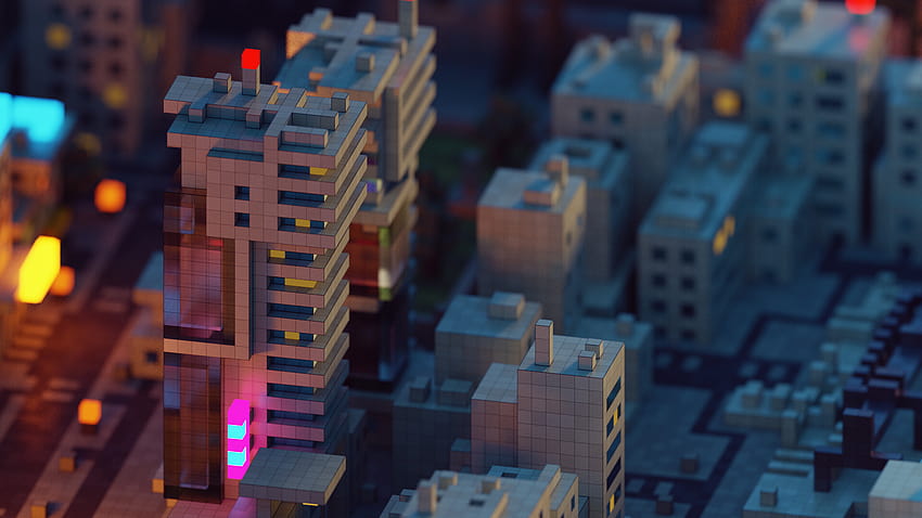 : voxels, ในเมือง, นีออน, ไอน้ำ, การเลื่อนเอียง, Blade Runner, 3D 1920x1080 วอลล์เปเปอร์ HD