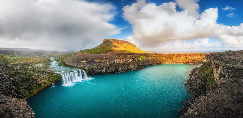 waterfall, Summer, Iceland, River, Clouds, Cliff, Panoramas, Water, waterfall summer HD wallpaper