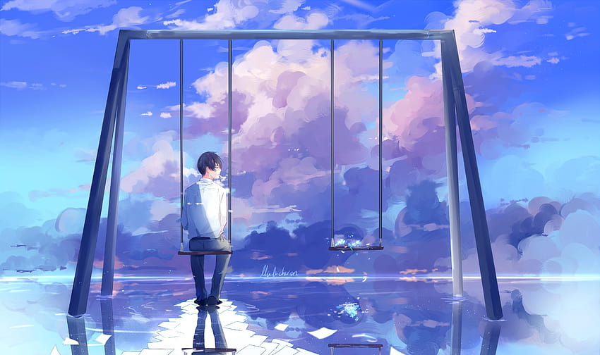 3507x2080 Anime Boy, Scenic, Swing, Clouds, Back View, swing in the clouds HD wallpaper