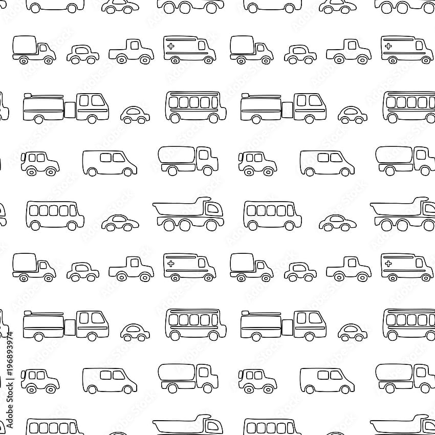 Seamless pattern of doodles cars. Vector black and white backgrounds in cartoon style. Can be used for children , web site backgrounds or wrapping paper. Stock Vector HD phone wallpaper