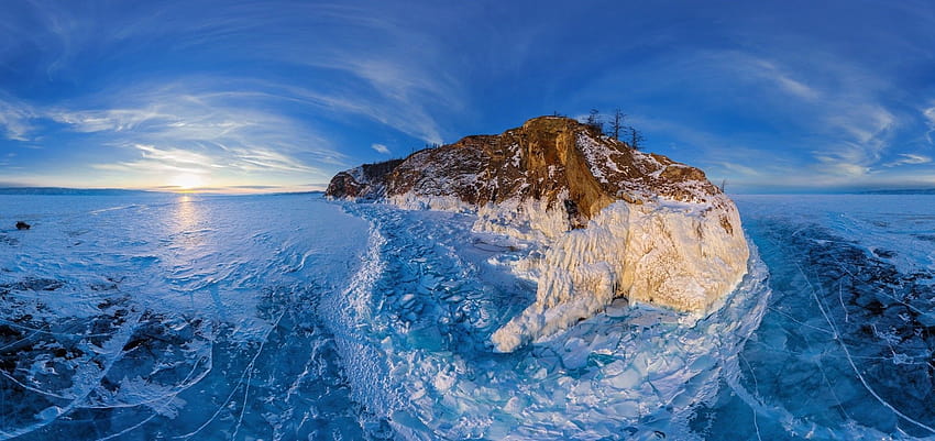 Lake Baikal, Winter, Ice, Frost, Lake, Clouds, Island, Sunset HD wallpaper