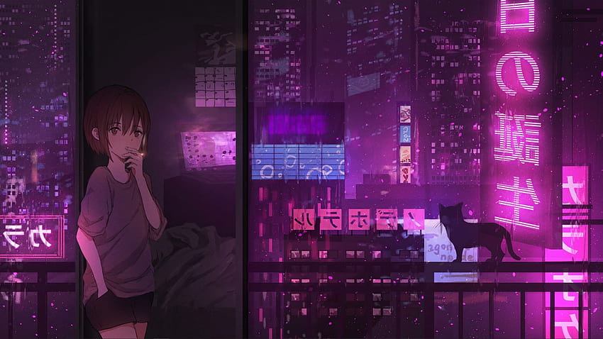 Gadis dengan latar belakang kota neon, pemandangan kota anime neon Wallpaper HD