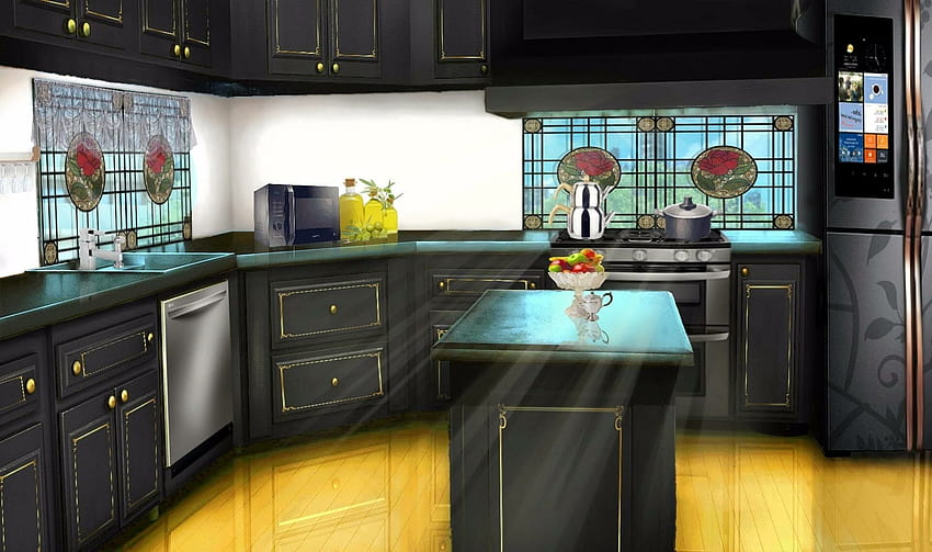 Ini awalnya adalah latar belakang Episode Interactive yang disebut, INT. KITCHEN CLASSIC LUXURY, seni anime dapur Wallpaper HD