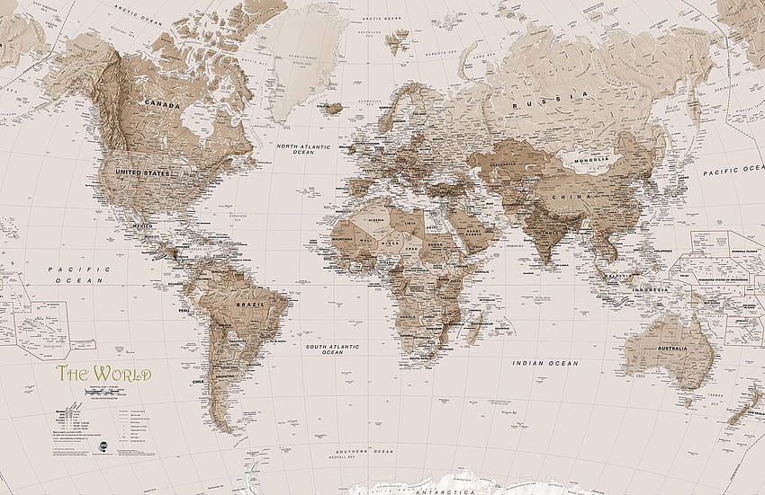 Sepia Earth Tone World Map Mural, peta dunia estetika Wallpaper HD
