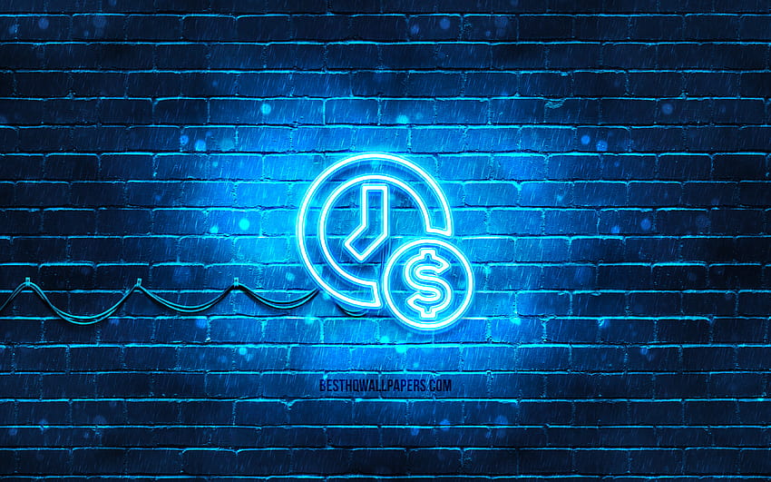 Zeit ist Geld Neonsymbol, blauer Hintergrund, Neonsymbole, Zeit ist Geld, Neonsymbole, Zeit ist Geldzeichen, Finanzzeichen, Zeit ist Geldsymbol, Finanzsymbole mit blauem Geld HD-Hintergrundbild