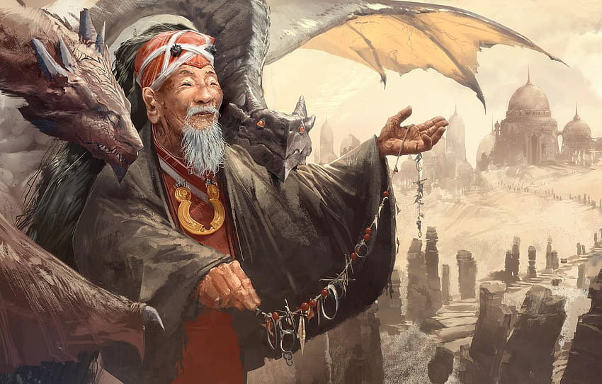 fantasia, vecchio, uomo, artista, asiatico, arte digitale, maestro dei draghi Sfondo HD
