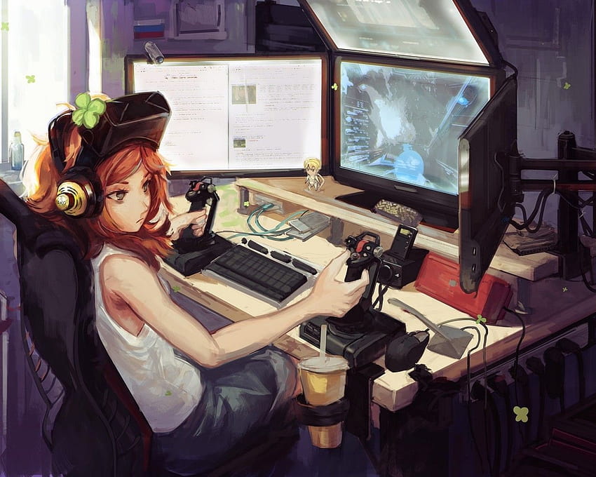Anime Gamer Girl, ห้อง, การตั้งค่าการเล่นเกม, หูฟัง วอลล์เปเปอร์ HD
