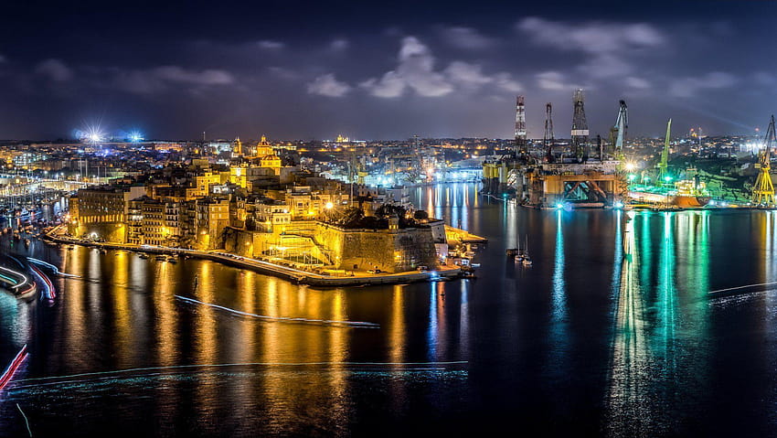 Malta Houses Rivers Marinas Night Street lights Cospicua Cities HD wallpaper