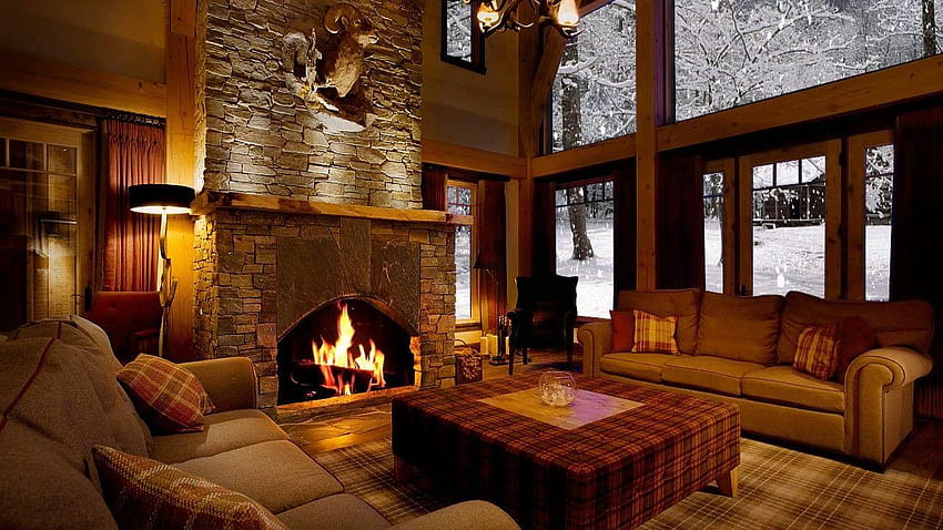 美しい雪と暖炉の音、部屋の暖炉の冬 高画質の壁紙