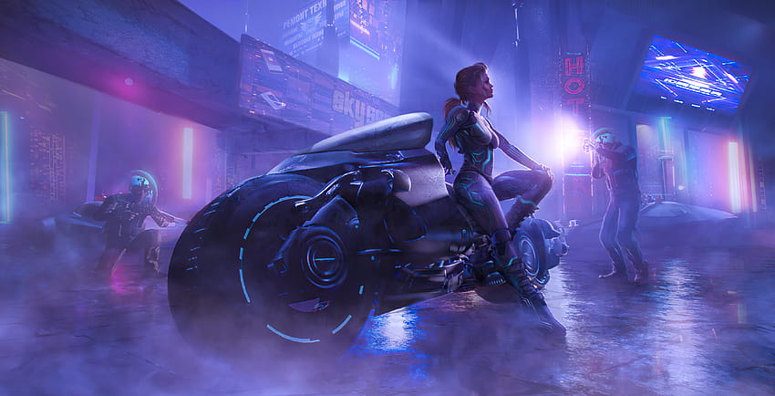 Science Fiction Kobiety Grafika cyfrowa Cyberpunk Exosuit Dym Motocykl Kobiety z motocyklem, cyberpunkowe dziewczyny Tapeta HD