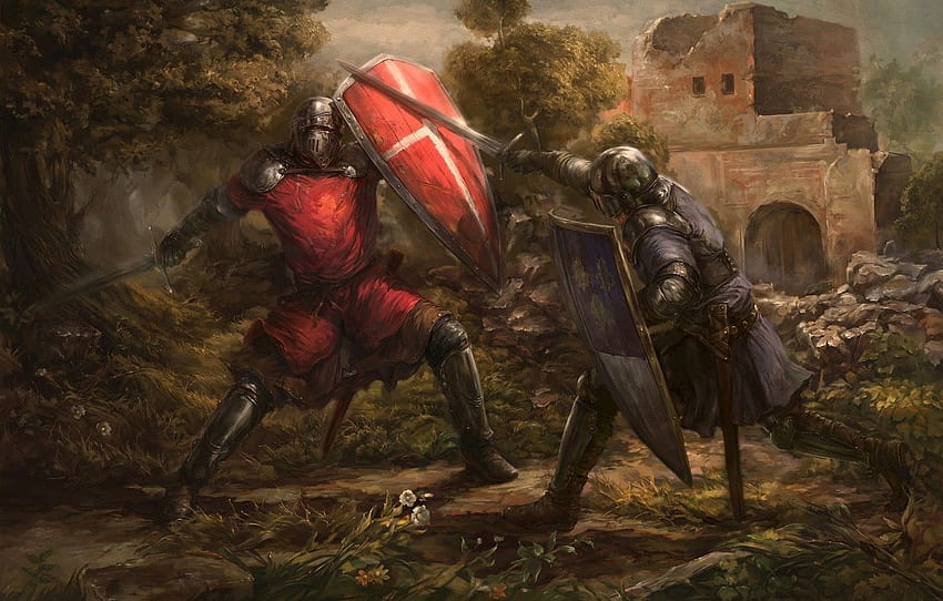 sword, armor, ruins, the battle, shield, warriors, the middle ages, knights , section живопись, battle ages HD wallpaper