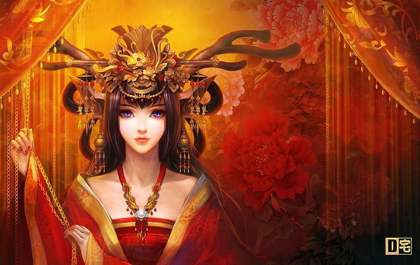 kahverengi saç zinciri Çin kıyafetleri çiçekler başörtüsü uzun saç, Çin anime prensesi HD duvar kağıdı